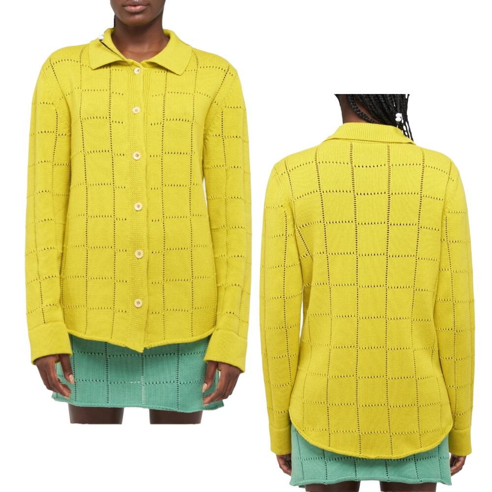 The Elder Statesman Yellow Openwork Collared Knit Cardigan